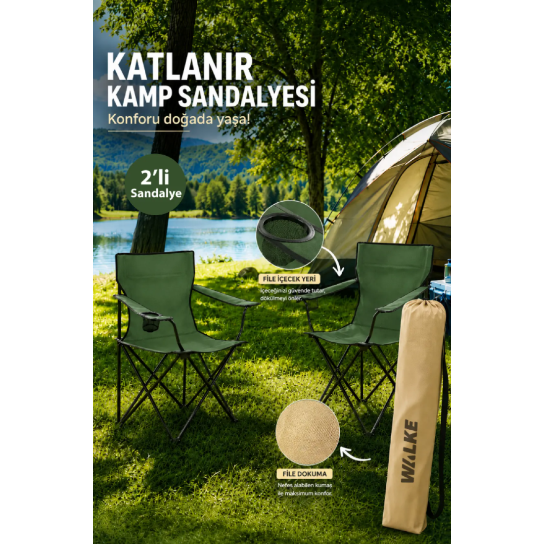 Walke 2 Li Katlanabilir Kamp Sandalyesi Piknik Sandalyesi Plaj Sandalyesi Yeşil Taşıma Çantalı Haki - Yaza Özel