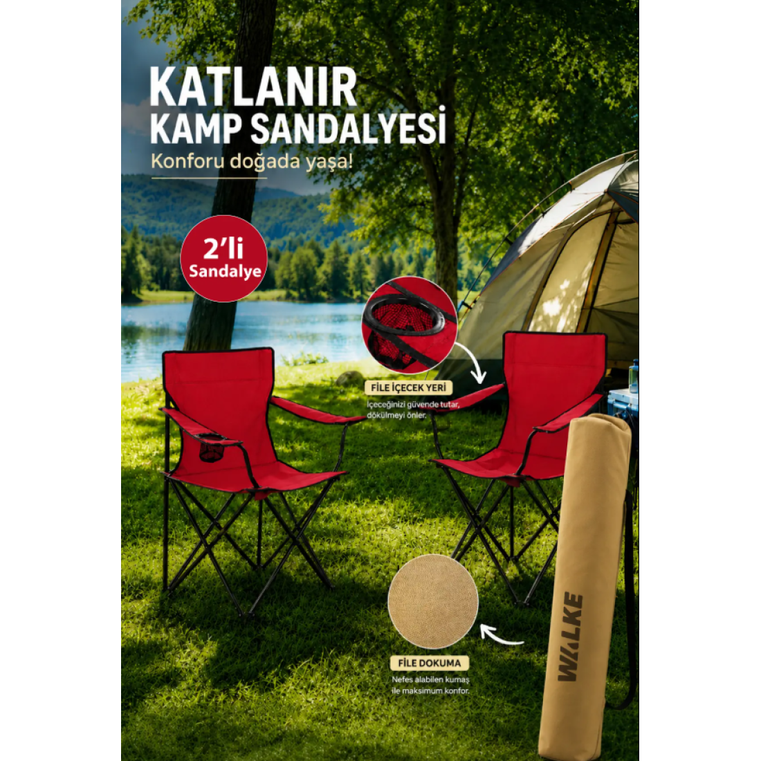 Walke 2 Li Katlanabilir Kamp Sandalyesi Piknik Sandalyesi Plaj Sandalyesi Kırmızı Taşıma Çantalı Kırmızı - Yaza Özel