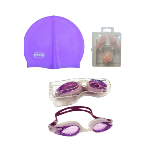 Avessa 3'lü Yetişkin Unisex Havuz Seti Yüzücü Deniz Gözlüğü Havuz Gözlüğü + Bone + Kulak Burun Tıkacı Mor - Yaza Özel