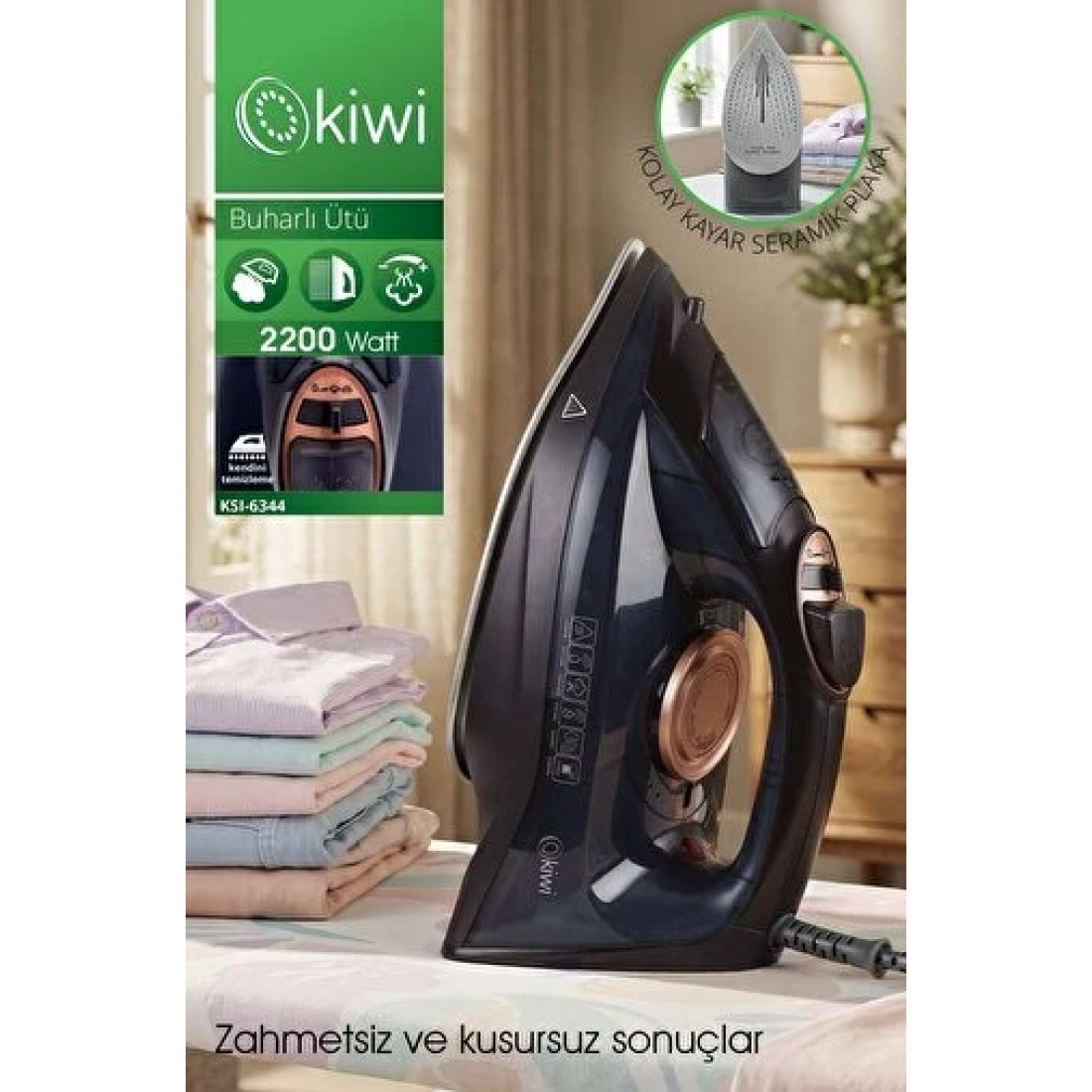 Kiwi KSI-6344 Buharlı Ütü | 2200 Watt, Seramik Taban, 90g Şok Buhar, 220ml Su Haznesi