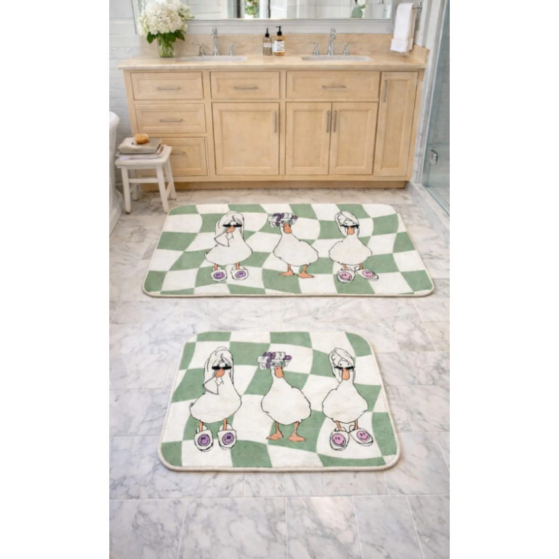 Pilloveland Kaymaz Taban Yıkanabilir 2’li Banyo Paspası - 60*100 cm - 50*60 cm - Ördekler