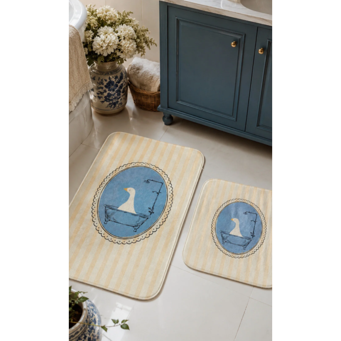 Pilloveland Kaymaz Taban Yıkanabilir 2’li Banyo Paspası - 60*100 cm - 50*60 cm - Kaz Banyosu
