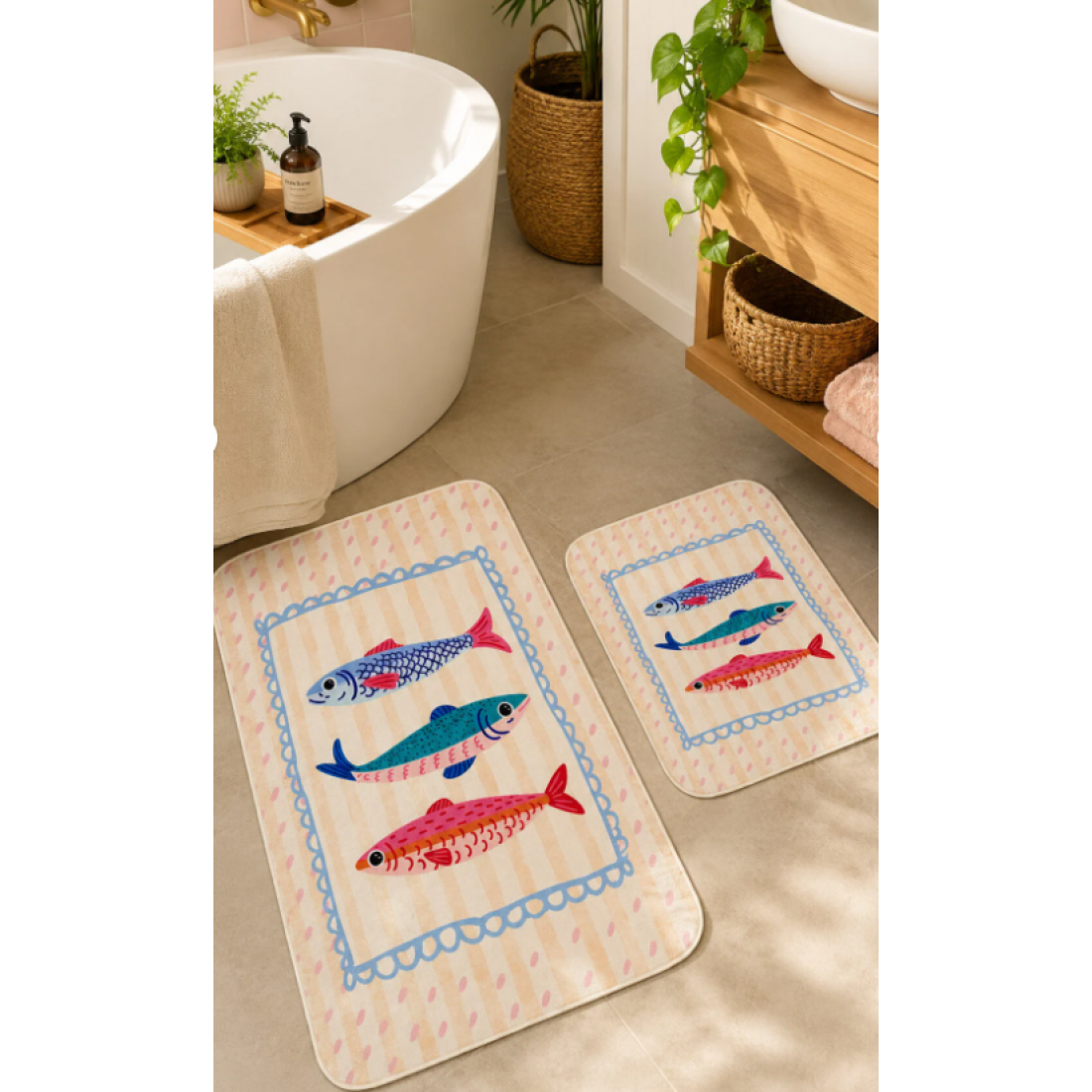 Pilloveland Kaymaz Taban Yıkanabilir 2’li Banyo Paspası - 60*100 cm - 50*60 cm - Balık