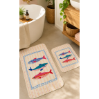 Pilloveland Kaymaz Taban Yıkanabilir 2’li Banyo Paspası - 60*100 cm - 50*60 cm - Balık
