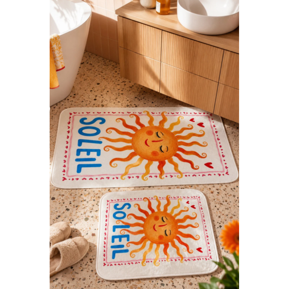 Pilloveland Kaymaz Taban Yıkanabilir 2’li Banyo Paspası - 60*100 cm - 50*60 cm - Soleil