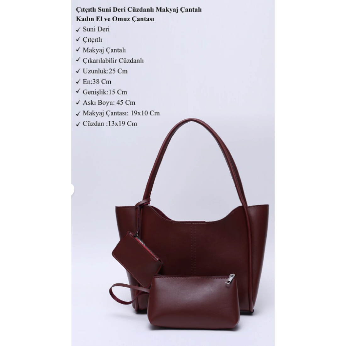 Shaka Bordo Shk108 Çıtçıtlı Suni Deri Cüzdanlı Makyaj Çantalı Kadın El ve Omuz Çantası