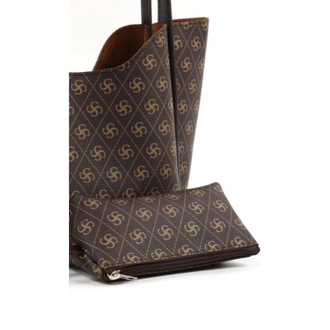 Shaka Monogram Baskılı Kahverengi Shk108 Çıtçıtlı Suni Deri Cüzdanlı Makyaj Çantalı Kadın El ve Omuz Çanta