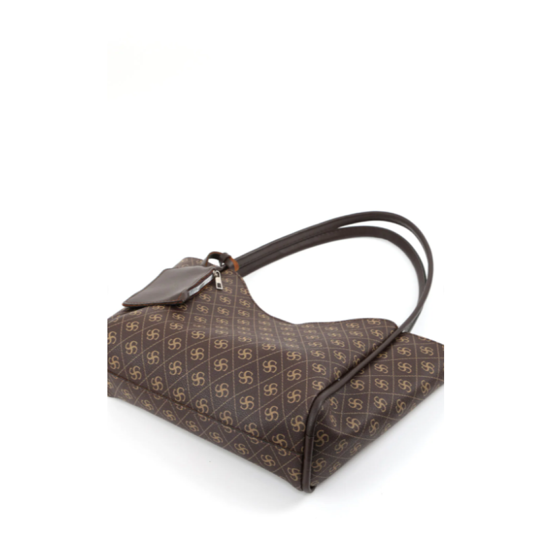 Shaka Monogram Baskılı Kahverengi Shk108 Çıtçıtlı Suni Deri Cüzdanlı Makyaj Çantalı Kadın El ve Omuz Çanta