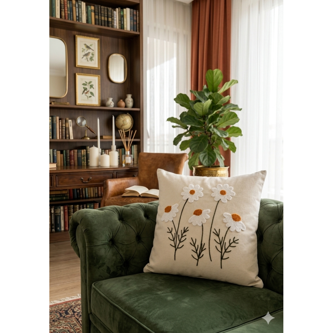 Enavm Punch Bohem Beyaz Papatyalar Yastık / Kırlent Kılıfı 43*43 cm - 1 adet