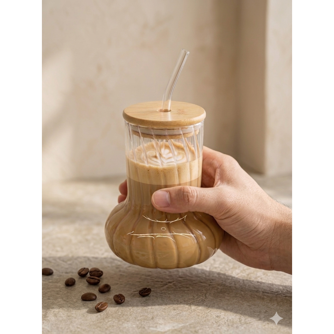 ENAVM Bambu Kapaklı Cam Pipetli Kahve Kokteyl Ve Meşrubat Bardağı 250 ml - PureForm Model