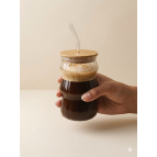 ENAVM Bambu Kapaklı Cam Pipetli Kahve Kokteyl Ve Meşrubat Bardağı 250 ml - Katman Model