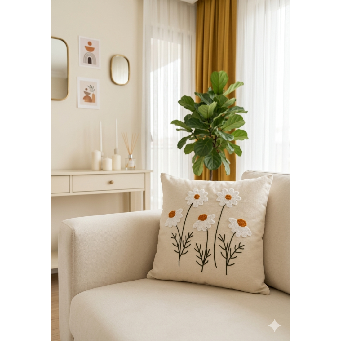 Enavm Punch Bohem Beyaz Papatyalar Yastık / Kırlent Kılıfı 43*43 cm - 1 adet