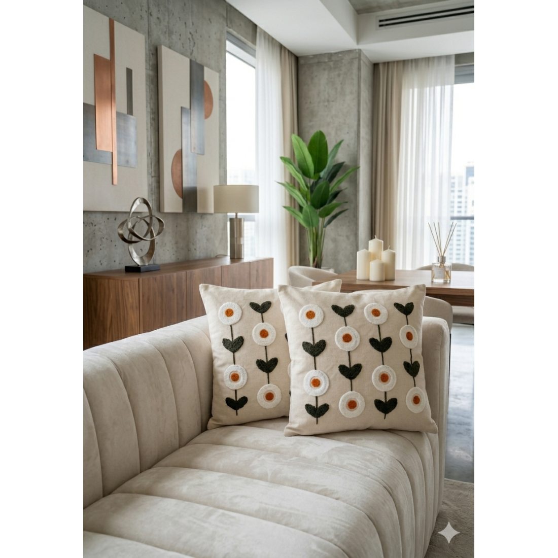Enavm Punch Bohem Sıralı Papatya Yastık / Kırlent Kılıfı 43*43 cm - 2 adet
