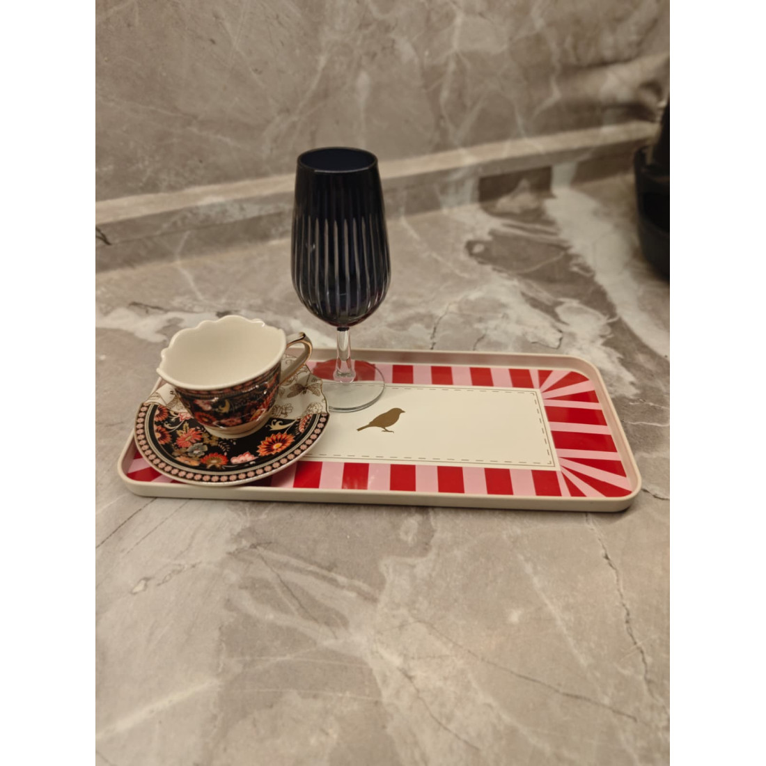 ENAVM KUŞLU MİNİ KAHVE SUNUM TEPSİSİ DİKDÖRTGEN 30 CM - KIRMIZI