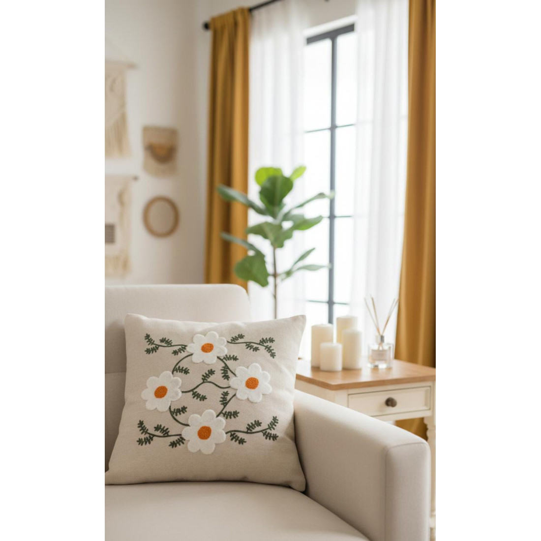 Enavm Punch Bohem Papatya Sarmaşık Yastık / Kırlent Kılıfı 43*43 cm - 1 adet