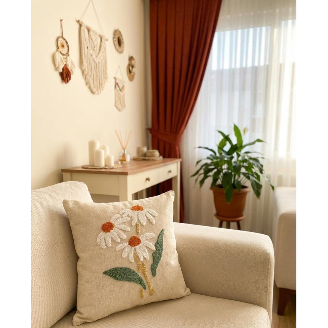 Enavm Punch Bohem Papatya Yastık / Kırlent Kılıfı 43*43 cm - 1 adet