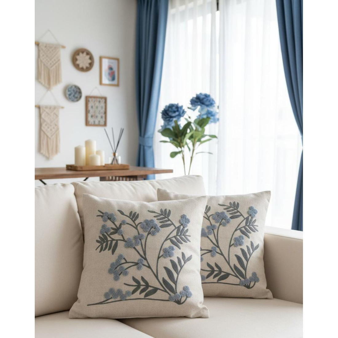 Enavm Punch Bohem Mavi Sarmaşık Yastık / Kırlent Kılıfı 43*43 cm - 2 adet