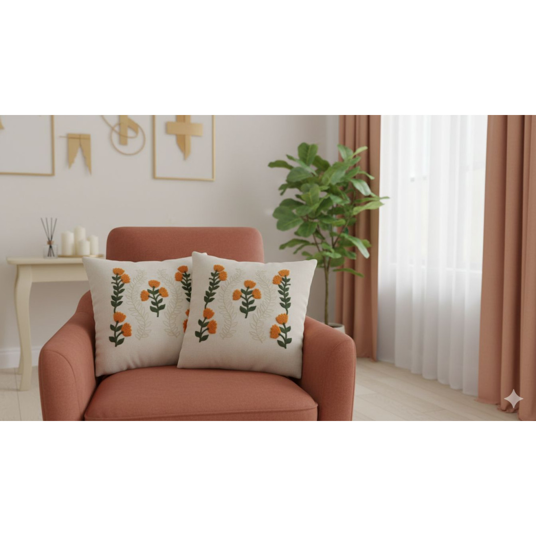 Enavm Punch Bohem Turuncu Çiçek Yastık / Kırlent Kılıfı 43*43 cm - 2 adet