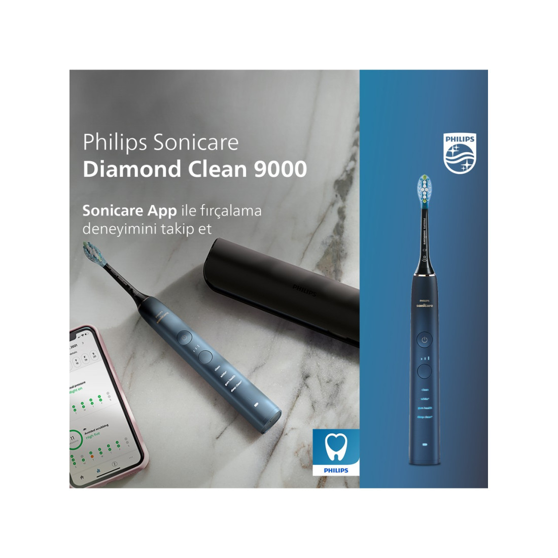 Philips Sonicare Diamond Clean 9000 Şarjlı Diş Fırçası,Seyahat Kabı,Sonicare App - Siyah HX9911/88