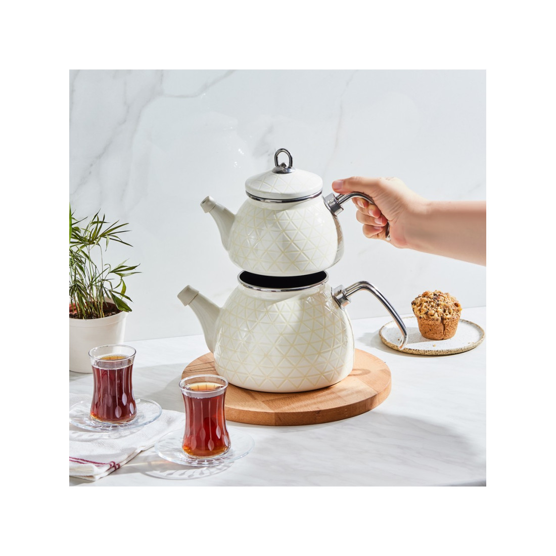 Karaca Kristal Krem Emaye Midi Çaydanlık Takımı