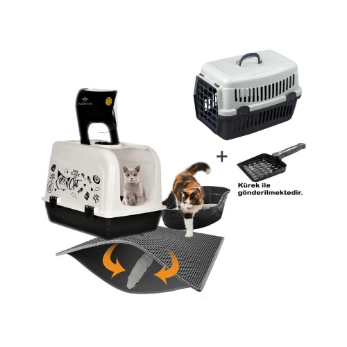 Kapalı Maxi Kedi Tuvalet Kabı Üsten Açılır + Taşıma Kabı + Elekli Pas Pas