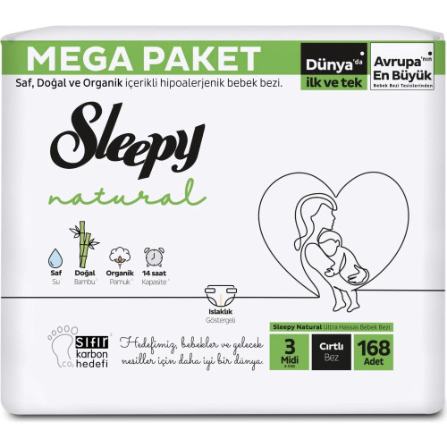 Sleepy Natural Midi 3 Beden Numara Bebek Bezi Midi 4-9 Kg 168'Li
