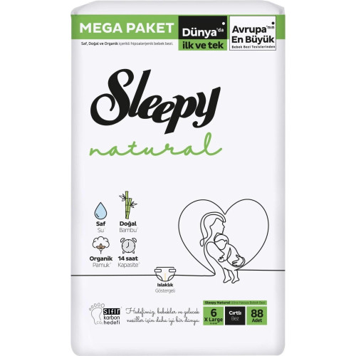 Sleepy Natural Xlarge 6 Beden Numara Bebek Bezi Cırtlı Bez 15-25 Kg 88'Li