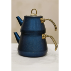 Granit Kaplama Gold Kulplu Cam Kapak Çaydanlık Mavi