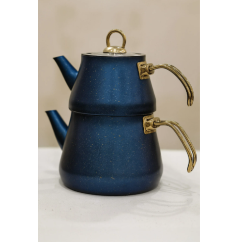 Granit Kaplama Gold Kulplu Cam Kapak Çaydanlık Mavi