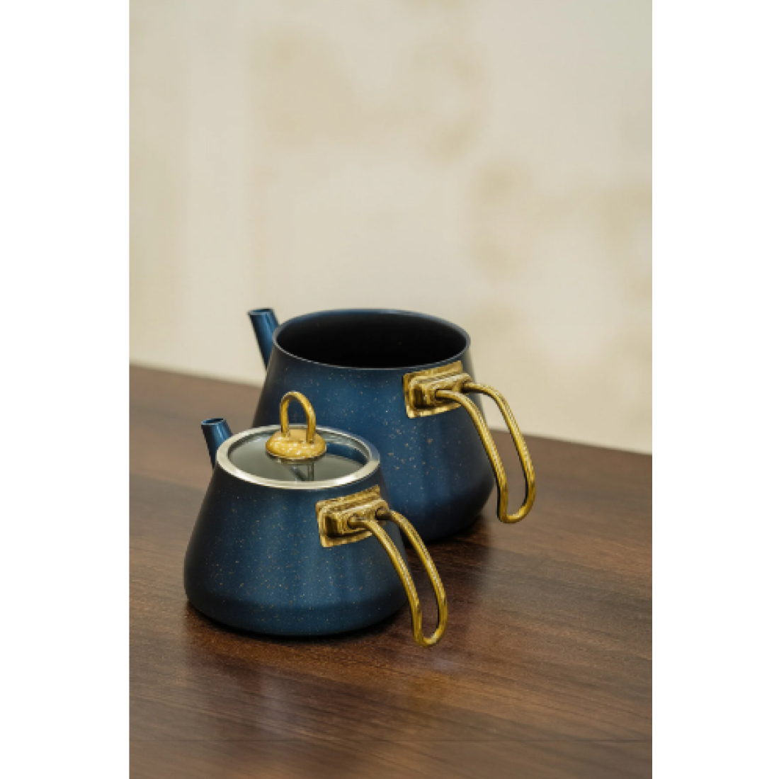 Granit Kaplama Gold Kulplu Cam Kapak Çaydanlık Mavi