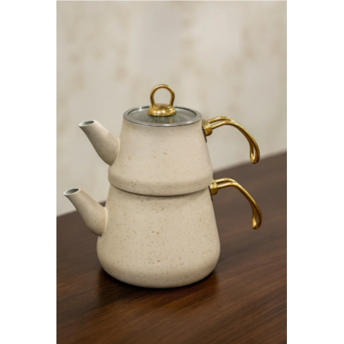 Granit Kaplama Gold Kulplu Cam Kapak Çaydanlık Krem