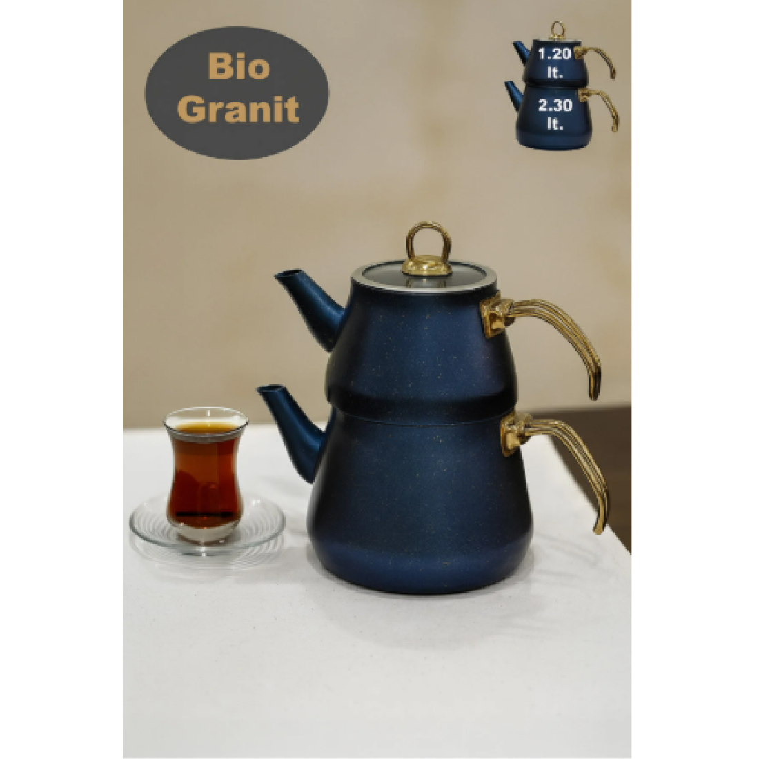 Granit Kaplama Gold Kulplu Cam Kapak Çaydanlık Mavi